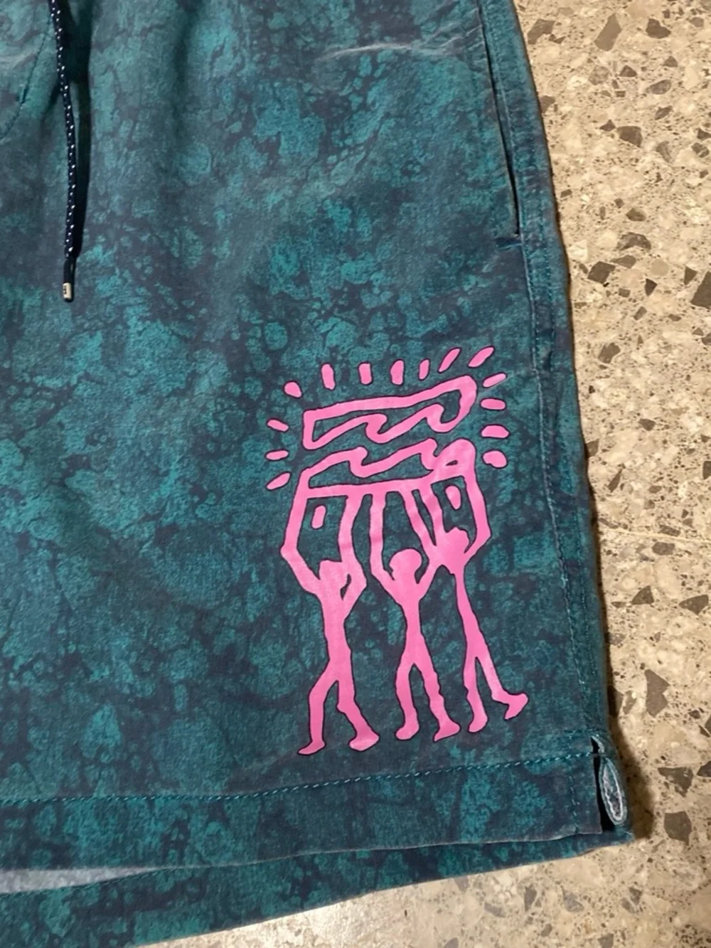 Billabong Teal Marble Swim Trunks with Pink Graphic